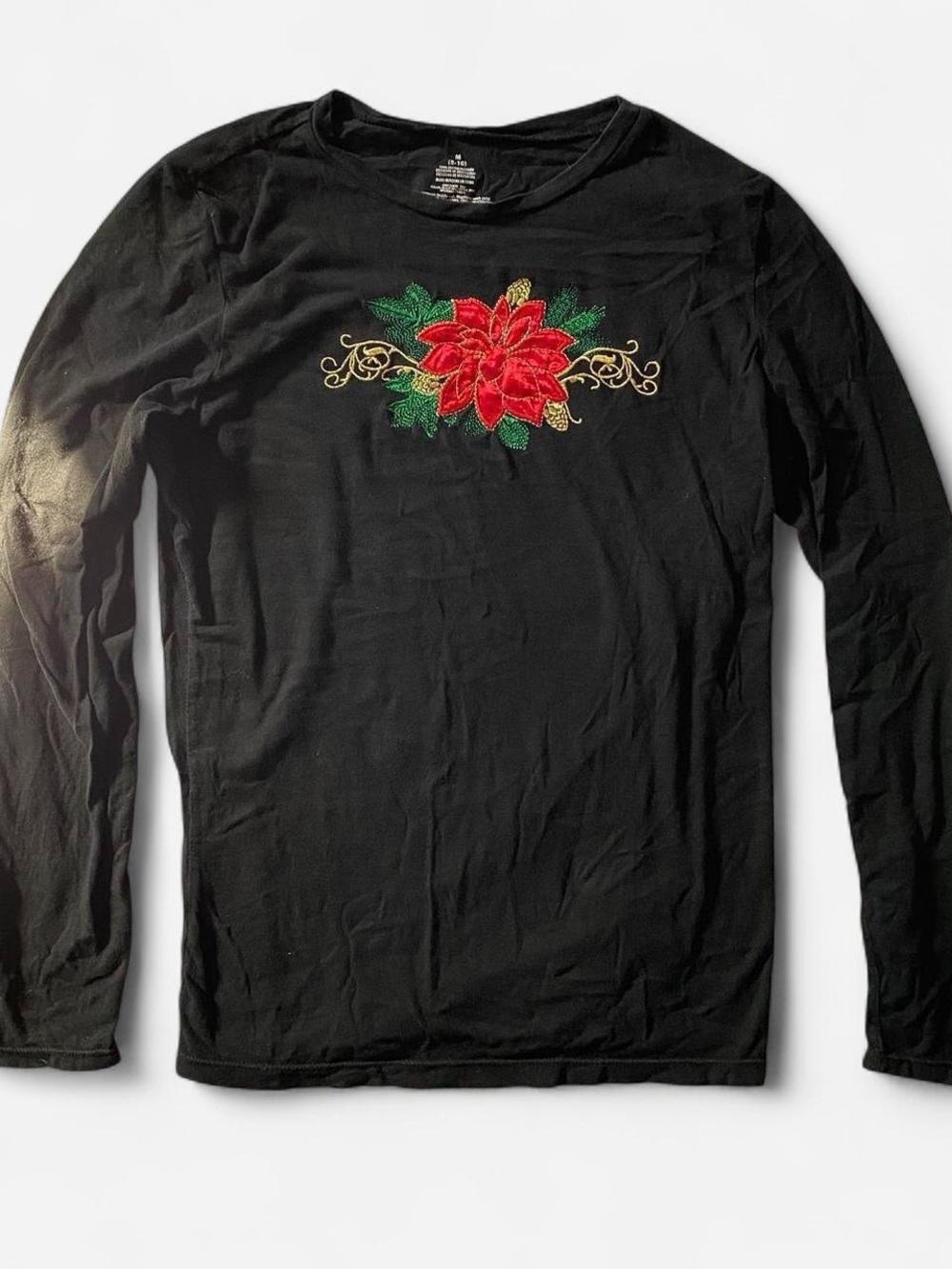 Vintage 80s Christmas Embroidered Poinsettia Long Sleeve Shirt 100% Cotton Sz M
